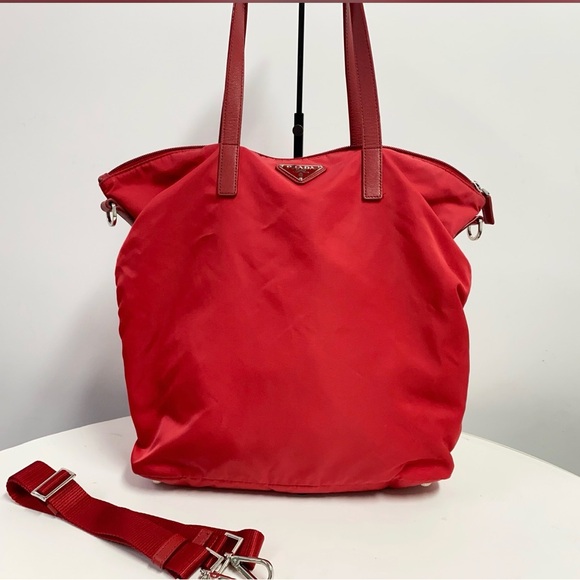 Prada Handbags - Prada Red Nylon Tote with Leather Straps and Detachable Crossbody
